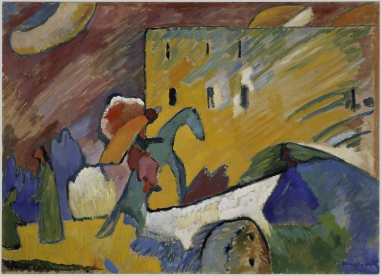 Een schilderij van Kandinsky waarop je een figuratief beeld ziet van een man op een paard in een stad.